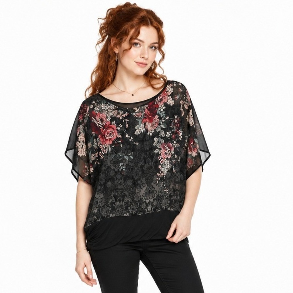 Black Floral Sheer Dolman Batwing Blouse M Ruched Hem Romantic Goth Whimsigoth